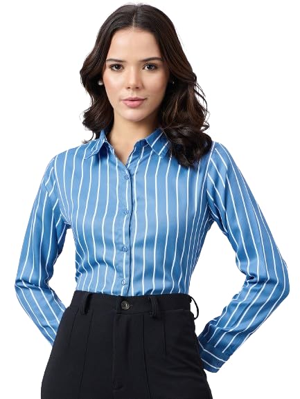 Image of Style Quotient Women Beige White Stripe Printed Formal Shirt