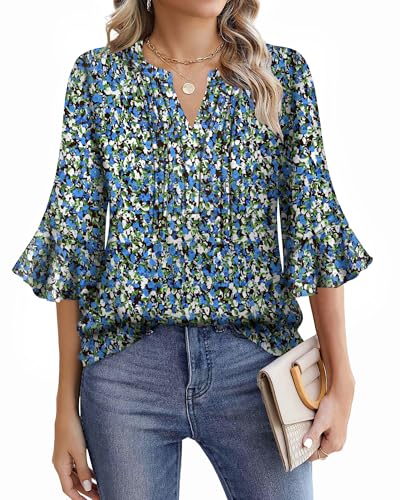 Womens Tops 2025 Trendy 3/4 Length Sleeve Spring Blouses for Women Summer T Shirts Fall Cute Dressy Casual Business Work Tunics Ladies Outfits Fashion Beach Vacation Clothes Blue Flower Large