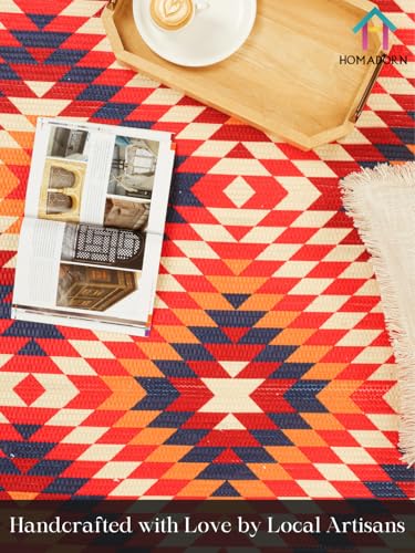 Image of HOMADORN Handmade Upcycled Sustainable Printed Rug, Dhurrie, Carpet for Living Room, Bedroom, Outdoor Decor