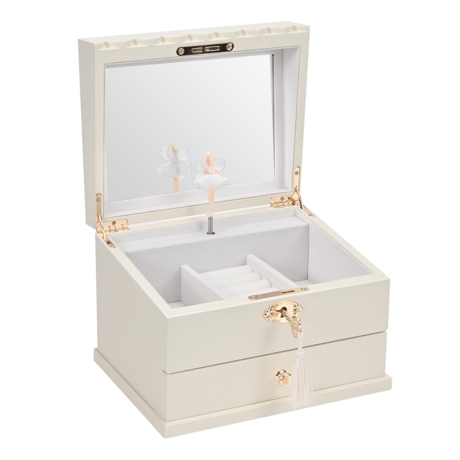 Lihou PapaQ Wooden Ballerina Medium Musical Jewelry Box with Mirror and Lock for girls，Kid's Jewelry Storage Music Box,Gifts for Holidays (White -Double layer)