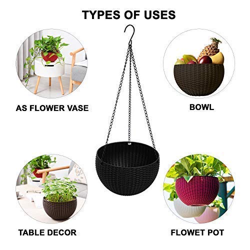 CosaCentrum Plastic Hanging Euro Basket Small Planters Flowers Pot Indoor Outdoor Hanging Flower Plant Pot with Hanging with Chain for Home & Garden (Pack of 5) 8inch
