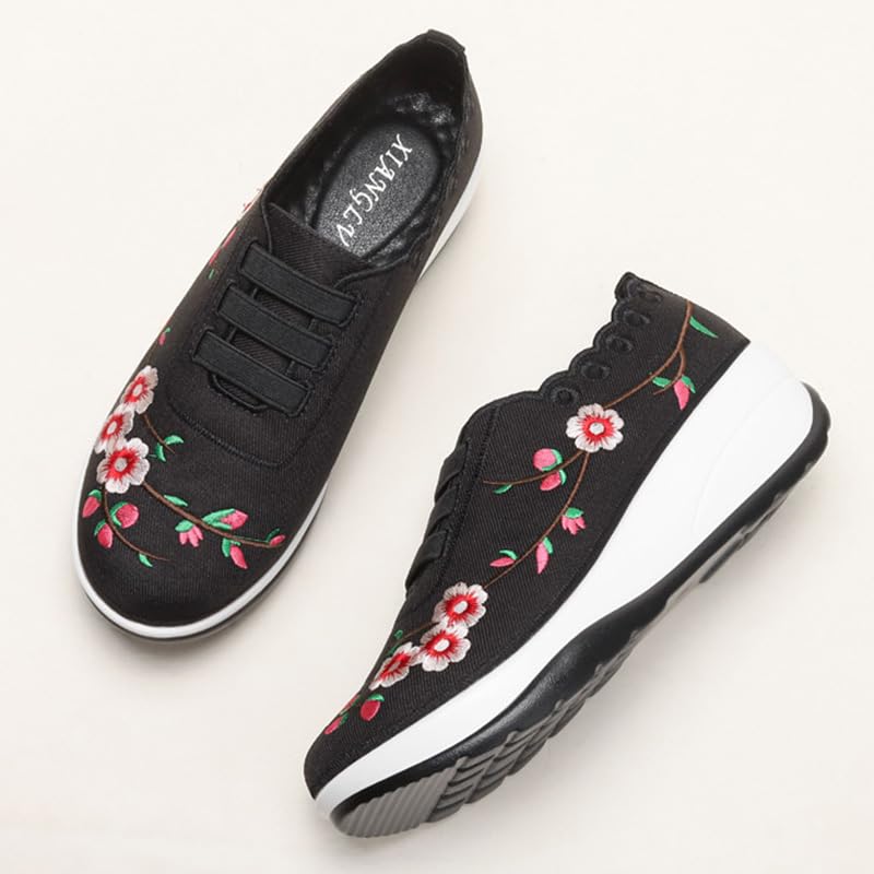 Women's Floral Embroidery Platform Wedge Walking Sneakers Fashion Fitness Mesh Up Stretch Slip On Arch Support Orthopedic Running Shoe Casual Breathable Wedge Rocker Shoe2