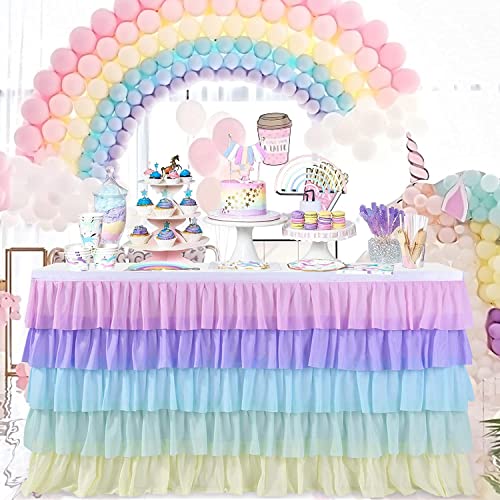 Besutolife Rainbow Table Skirt Unicorn Ruffle Tablecloth For Birthday Macaron Unicorn Party Baby Shower Rectangle Table 6Ft #TOP6