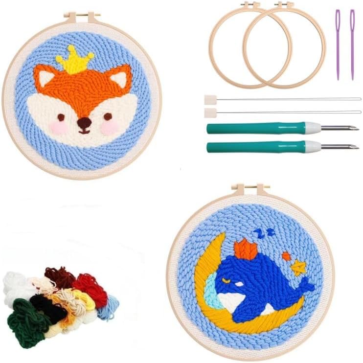 2 Pack Easy Punch Needle Embroidery Fox,Dolphin Starter Kits for Kids and Adults Beginners with Punch Needle Tool,Threader, Stamped Fabric Embroidery,Hoop,Pen, Punch Needle Kits