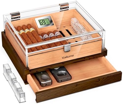 VALLUME Cigar Humidor, Acrylic Humidor with Wooden Drawer Base, Compact Desktop Humidor, Features Gel-Controlled Sliding Cigar Humidifier, Cedar Wood Tray, Ideal Gift for Men (Small size)