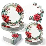 Homlouue 200 Pcs Christmas Paper Plates and Napkins Sets, 9inch Disposable Heavy Duty, Poinsettia Christmas Plates and Napkins for Dinner Party