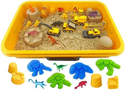 INvench Construction Dinosaur Play Sand Set - 38 Pieces Sensory Bin Sand Kit Include 2 lbs Magic Sand, Construction Vehicle, Dinsoaur Figures, Dinosaur & Castle Molds for 3 4 5 Year Old Toddlers Kids