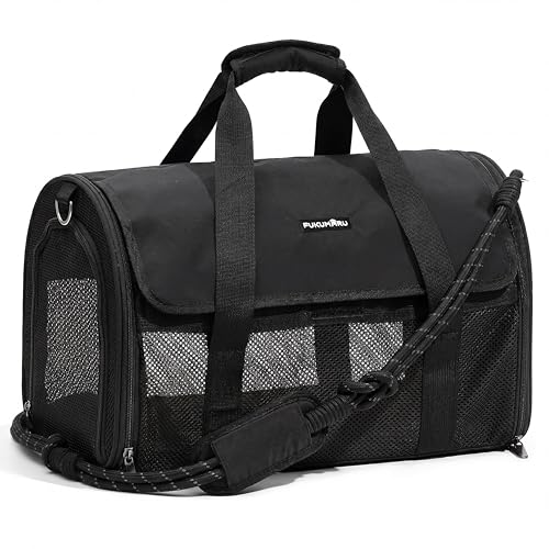 FUKUMARU transportín para Gatos y Perros, pequeño, Ligero y Transpirable, 46 x 28 x 28 cm, homologado para Viajar en Cabina, Plegable y Blando, con Malla antirrascado, Color Negro