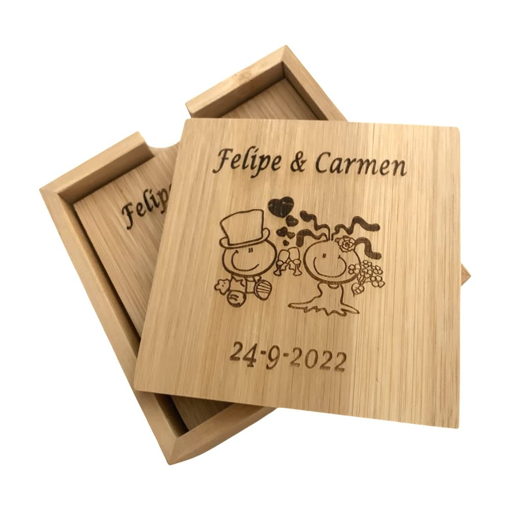 regalo grabado - Set 4 Posavasos Personalizados | Texto y Dibujo | Grabado en Madera de Bambú | para Eventos Pack (5)