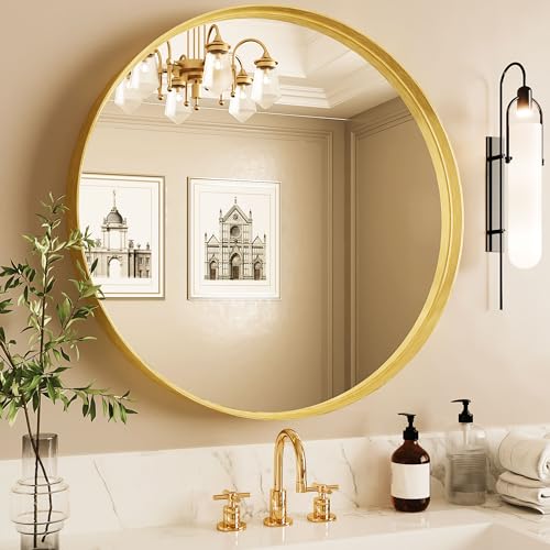 Suidia Wall Mirror, Gold Metal Frame Mirror 20 inch, Round Wall Mirror for Bathroom, Vanity, Living Room, Entryway, Circle Bathroom Vanity Mirror