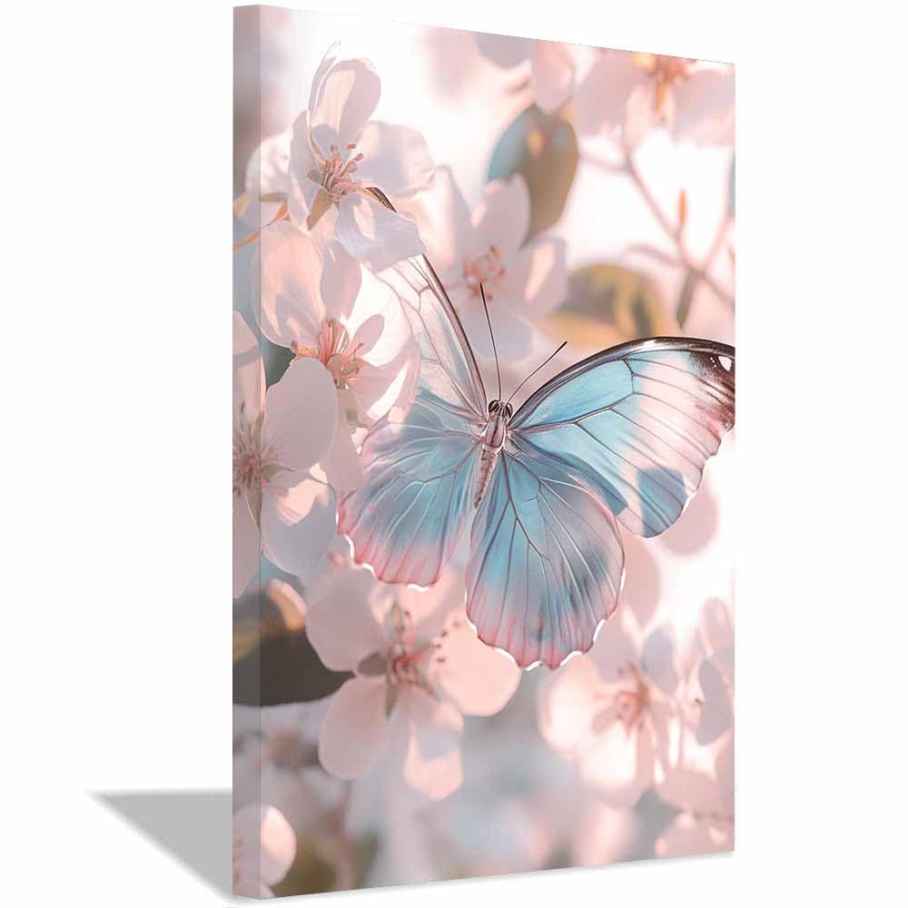 WUFIEA Moderno Flores Arte Deco Botánica Flores con mariposas posadas decoración de pared moderna para dormitorio, baño, sala de estar（Rosa claro-70x100cm Enmarcado