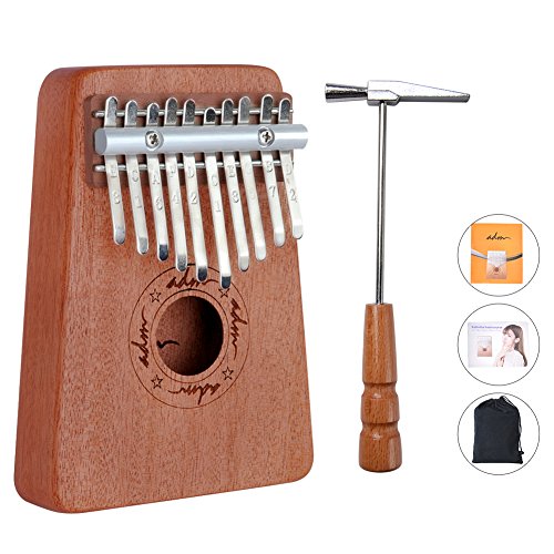 ADM Thumb Piano 10 keys Kalimba African Mahogany Mbira Portable Easy-to-learn with Music Book Tune Hammer and Bag, Dark Brown