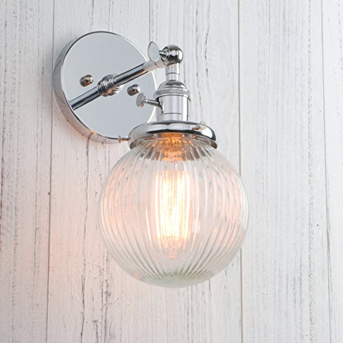Image of PERMO Sconce with Switch Industrial Gold Wall Sconce Lighting with Ribbed Globe Lampshade (Chrome, 1 Light-Hardwired)