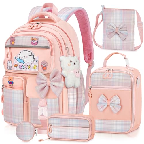 Girls Backpack with Lunch Box Set, 5pc Pink Cute Kawaii Bookbag for Teens, Aesthetic School Backpack for Elementary