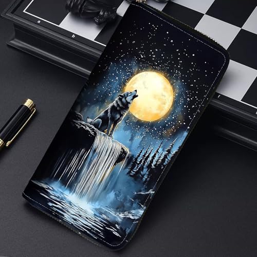 Image of RFID Blocking Leather Wallet for Women - Large Capacity Zip Around Clutch with 8 Card Slots,34 Cash Pockets & Coin Zipper,Wolf and Moon