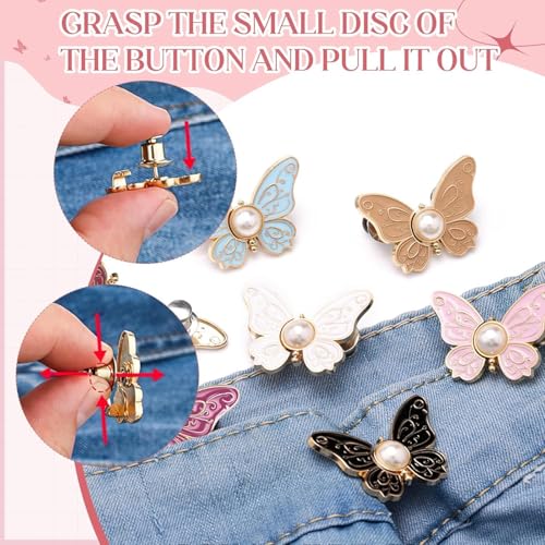 Image of YEKDA 4 Sets Butterfly Jean Buttons Waist Tightener for Loose Pants, No-Sew Adjustable Waist Buckle Clips, Detachable Decorative Jean Button Pins for Women's Jeans & Skirts (Butterfly 4 Pcs)