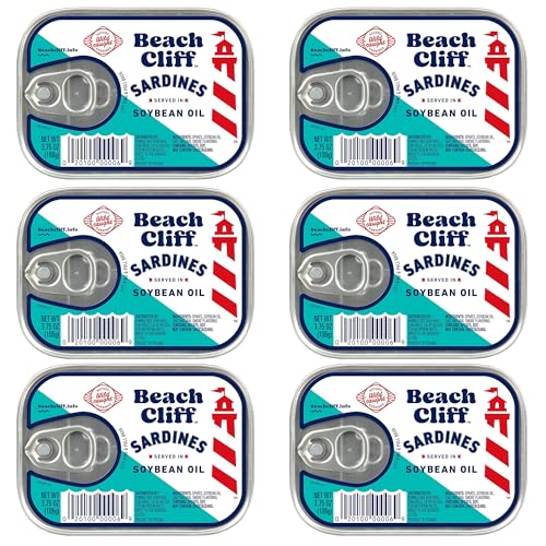 Beach Cliff Wild Caught Sardines in Soybean Oil, 3.75 oz Can - 13g Protein per Serving - Gluten Free, Keto Friendly - Great for Pasta & Seafood Recipes (Pack of 6)