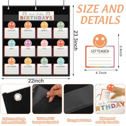 FYSUIMU Birthday Pocket Chart Boho Smile Face Month Cards Colorful Birthday Chart Calendars for Classroom Bulletin Board Chalkboard Wall Display - Image 2