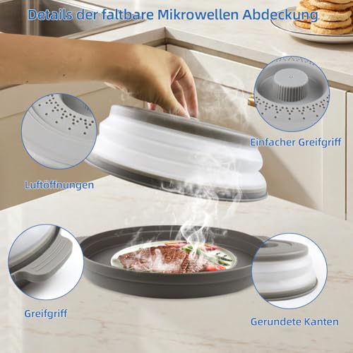 Tyafzzn Faltbare Mikrowellen Abdeckung, 26.8cm Spritzschutz für Mikrowelle mit Dampflöchern, Mikrowellen Abdeckung mit Tablett, Filterkorb mit Dampflöchern für Obst und Gemüse, ohne BPA