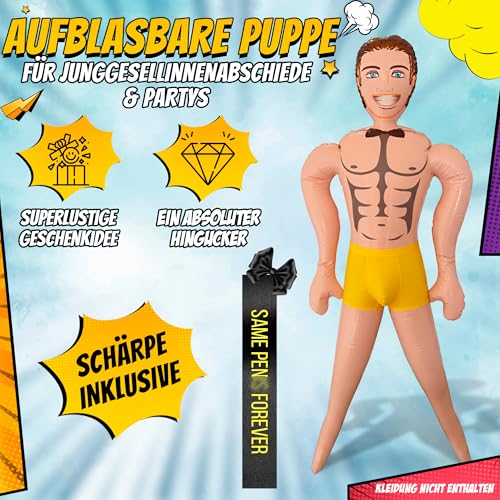 Aufblasbare Gummipuppe Mann – Lustige Puppe für Frauen JGA & Party – Lebensgroße Figur 150 cm – Witziges Gag Geschenk & Scherzartikel für Geburtstag, Mädelsabend & Feier