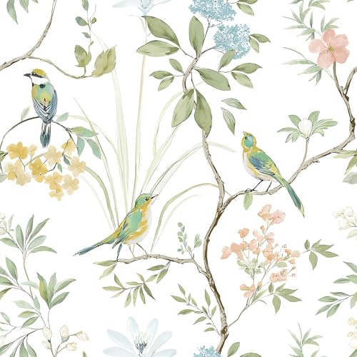 VEELIKE Cottage Birds Wallpaper Peel and Stick Vintage Chinoiserie Floral Wallpaper for Bedroom Farmhouse 17.7x118 Removable Self Adhesive Bird Wall Paper Floral Contact Paper for Walls Cabinets