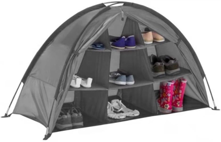 Collapsible 9 Tier Camping Storage Organizer, Duty Tent Shoe And Clothes Rack For RV, Portable Foldable Oxford Unit With Bag, Grey 4.2x1.8x2.5ft