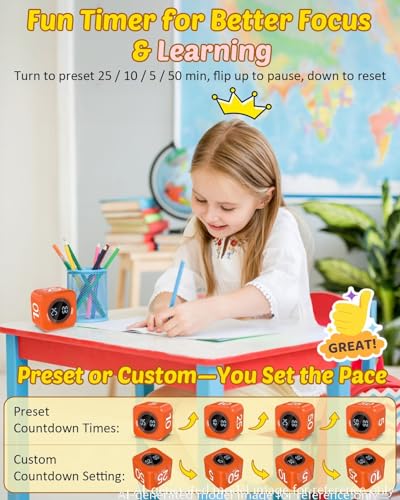 Image of Digital Pomodoro Timer Cube 5 /10 /25 /50min, Visual Productivity Flip Timer for Kids Classroom Desk, Custom Countdown, Silent and Sound Mode for ADHD Study Work Game Kitchen (Orange)
