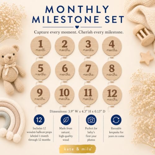 Image of Kate & Milo Baby Monthly Milestone Marker Discs, Growth and Pregnancy Photo-Sharing Cards, 1-12 Months, Gender-Neutral Gift, Birthday Balloons, 6 Double Sided Props