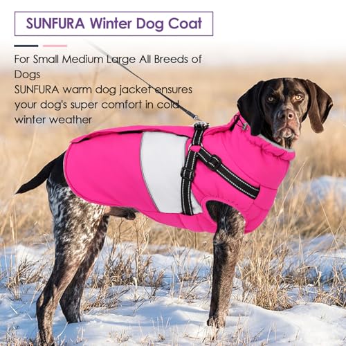 Image of Dog Coat, XXL Dog Jacket Winter with Harness Built in, Waterproof Pet Snow Jacket with Furry Collar for Chilly Day, Reflective Fleece Snowsuit for Extra Large Dogs, Hot Pink 2XL