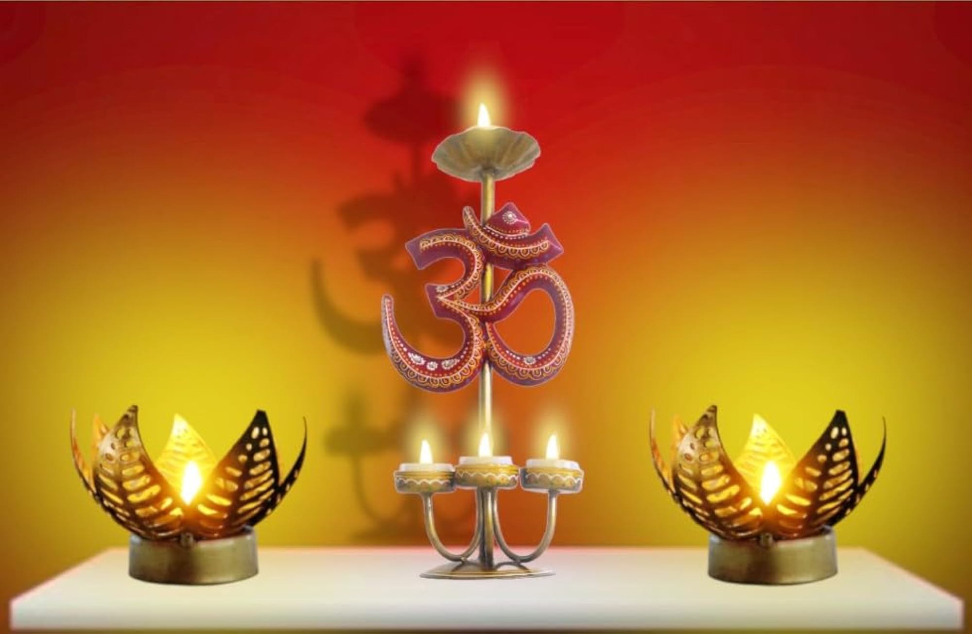 Aum Symbol T-Light Candle Holder with 4 Diyas