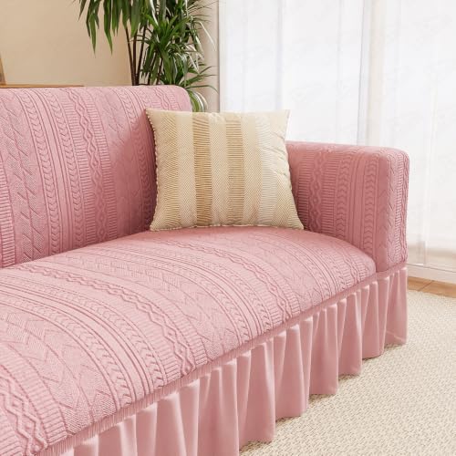 Image of Lukzer 3 Seater Jacquard Sofa Cover with 360 Frill Skirt - Pastel Pink Zigzag Pattern| 240 GSM Stretchable Anti-Slip Fully Covered Universal Couch Cover for Living Room (180-230CM /SC-078-03F)