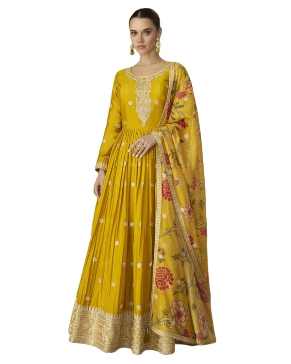 Miss Ethnik Women's Yellow Chinon Stitched Gown with Dupatta Full Sleeve Embroidered A-Line Gown (ME-1308)