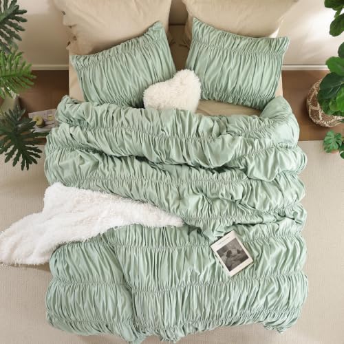 Image of weigelia Ruched Comforter Set Queen Size, 3 Piece Sage Green Ruffle Bedding Comforter Set with 2 Pillowcases, Soft Lightweight Polyester Comforter for Boho Bedroom Decor, All Season Bed Set
