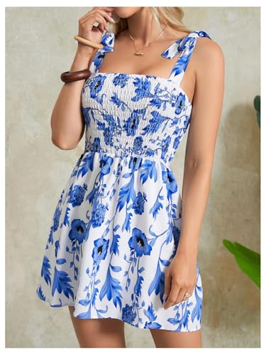 Image of MakeMeChic Women's Summer Floral Mini Dress Shirred Tie Shoulder Sleeveless A Line Short Cami Sundresses