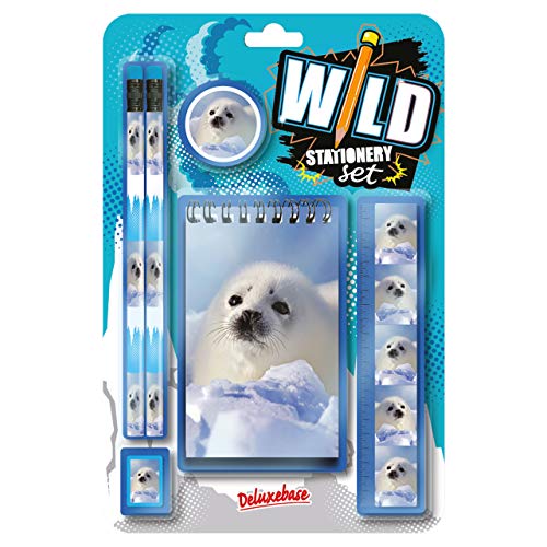 Wild Stationery Set – Baby Seal School Stationary Sets from Deluxebase. School Supplies Include 2 Pencils, Pencil Eraser, Pencil Sharpener, Ruler, and Cute Notebook. Stationary Supplies Gifts for Kids