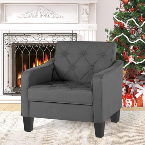 Image of STHOUYN Grey Accent Chairs, Wide Comfy Arm Chairs for Living Room, Office | STHOUYN Tufted Club Chair, Reading Chairs for Bedroom, Waiting Area Seating, Small Space Office Chairs, Supportive Wide Seat