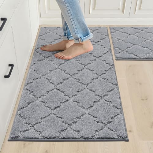 COSY HOMEER Küchenteppich 2 Stück, Teppich Küche Waschbar rutschfest, Küchenläufer, Teppichläufer Flur, Teppich Läufer für Küche, Flur, Wohnraum (50 x 75 cm + 50 x 120 cm, Grau)