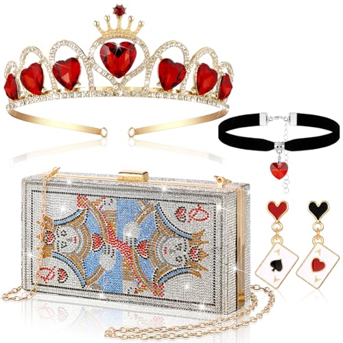 4 Pcs Queen Costume Accessories Poker Card Evening Clutch Heart Crown Earring Necklace Halloween Heart Queen Costume