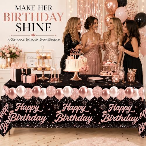 Image of 6 Pack Black and Rose Gold Happy Birthday Tablecloths, 54 x 108 Inch Covers | Rose Gold Birthday Party Decorations for Women, Girls and Teens, Ideal for Cake, Dessert, Gift and Buffet Tables