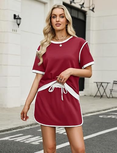 Marvmys Women Summer 2 Piece Skorts Sets Short Sleeve Color Block Athletic Matching Sets Fashion Short Travel Outfit — view 4