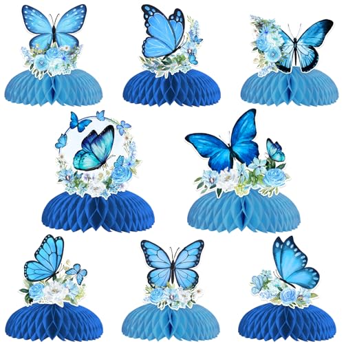 Centres de table papillon bleu en nid d'abeille pour anniversaire fille, lot de 8