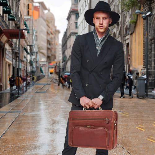 Banuce Vintage Full Grains Italian Leather Briefcase for Men Attache Case Business Laptop Work Bags with Luggage Strap Brown2
