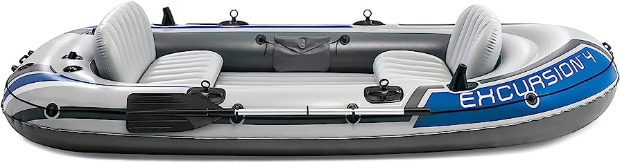 Image of Exursion 4, 4 Person Inflatable Boat for Flood Rescue, Adventure, Rafting, Fishing, for Fun and Enjoyment in River with Friends and Family, Included Oars & Air Pump (68324)