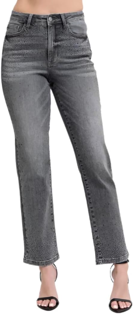 Judy Blue Gray High Rise Rhinestone Straight Jeans