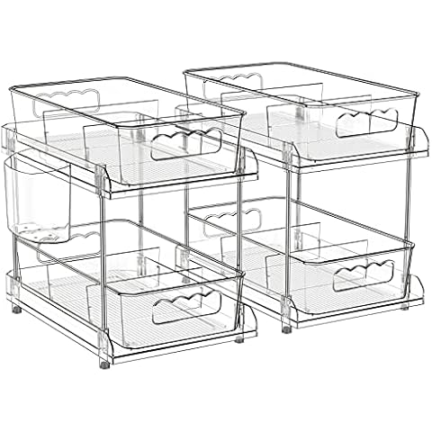 2 Tier Clear Organizer with Dividers, Pantry Organization Multi Purpose Slide-Out Bathroom, Kitchen Medicine Cabniet Bins, Under Sink Organizers and Storage, 2 Pack Cover