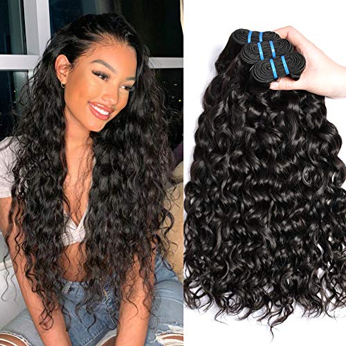 Msgem 9A Water Wave Human Hair 3 Bundles 14 16 18 inch 100% Unprocessed Brazilian Virgin Hair Wet and Wavy Human Hair Weave Bundles Natural Black Color