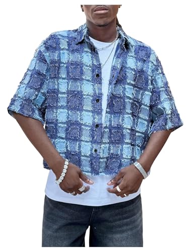 GORGLITTER Men's Cropped Shirt Button Up Short Sleeve Color Block Distressed Y2k Crop Top Streetwear