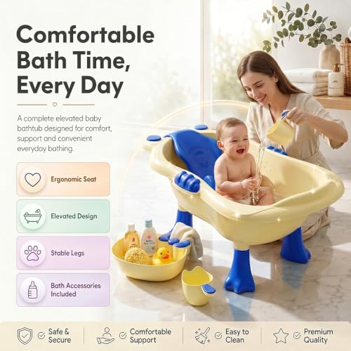 Image of StarAndDaisy Bath Tub for Baby 0-5 Years / Bath tub for Kids with 0-3 Years Girls & Boys with bathseat, Legs, mug and soap tray, Space Saving Design, Newborn Baby Bathing Tub, Easy to Store (Cream-Blue)