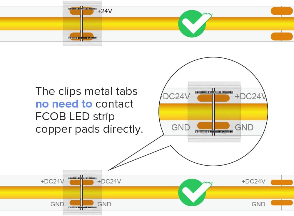 BTF-LIGHTING FCOB COB 10mm 0.39in Connector Kit 14pcs Transparent Connector 5pcs 15cm Long 20AWG Extension Wires for Non-Wired Gapless Solderless,FCOB 2 pin v+ v- Single Color Strip Corner Connection - Image 3