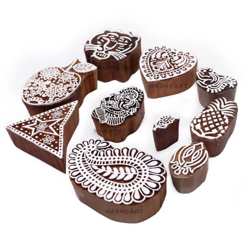 Image of Set of 10 | Handmade Multi Shape Design Blocks for Scrapbooking | Wooden Stamps for Project Designing | Fabric Textile | Clay | Pottery Craft